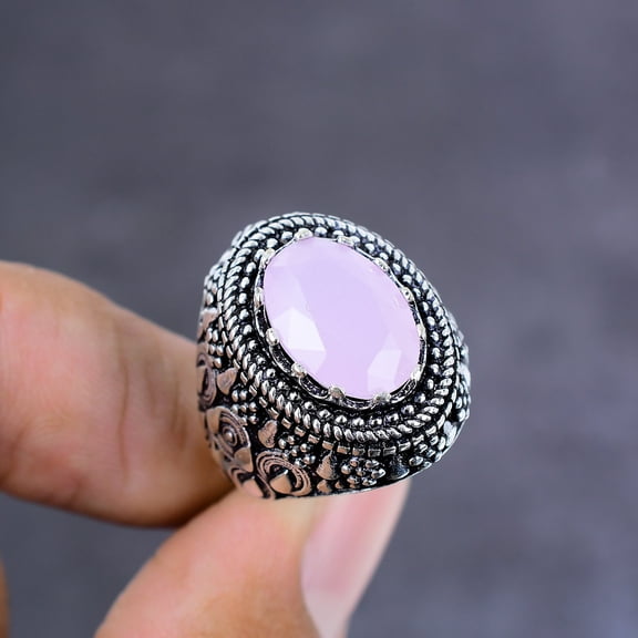 Natural Pink Chalcedony Gemstone Handmade 925 Sterling Silver Ring Size 7