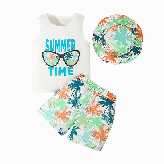 TOWED22 Infant Baby Boy Outfits 2pcs Sleeveless Shirt Top Cute Print Elastic Waist Shorts Soft Summer Clothes Set(Orange,1-2 Y)