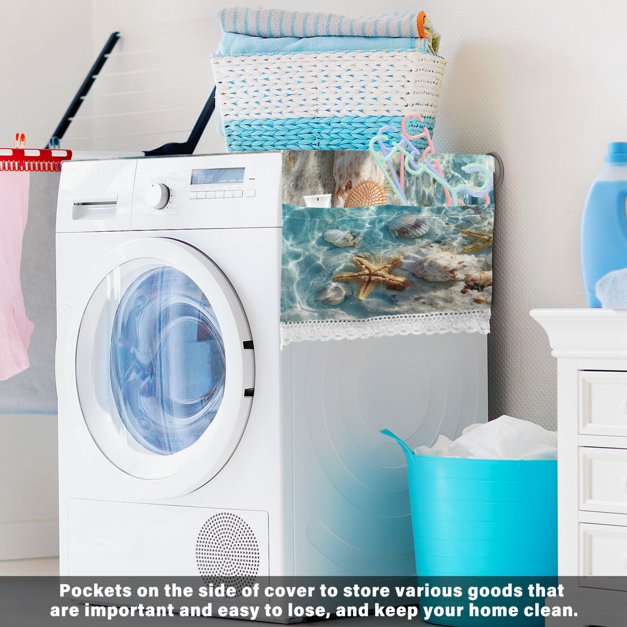 Wobogo Starfish Seashell on Beach Washing Machine Cover Dustproof Washer Dryer Cover Waterproof Laundry Room Decorative Protector