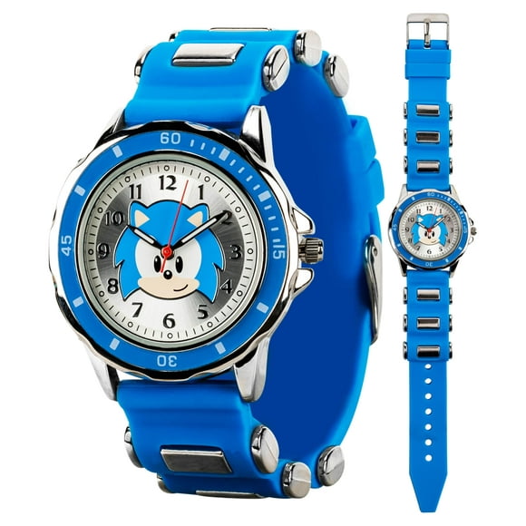 Reloj analógico Sonic The Hedgehog para niños, correa azul clásica, esfera de enseñanza del tiempo, duradero y resistente al agua, caja de lata coleccionable incluida
