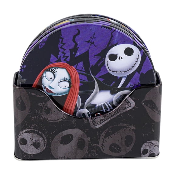 The Tin Box Company Nightmare Before Christmas Coaster Set – Purple | 6 Coasters with Holder | Jack Skellington & Sally Disney Tim Burton Home Décor