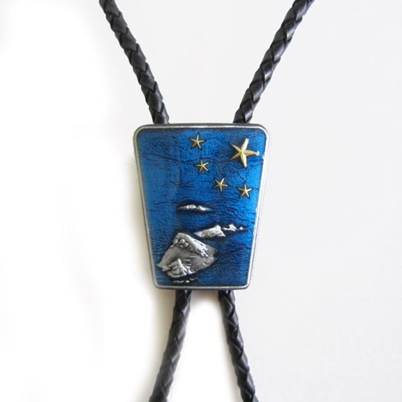 Vintage Gold Stars Flag Map Bolo Tie Leather Necklace With Blue Enamel
