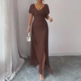 thumbnail image 4 of Laqbezok Evening Gown Dress, Women's V-Neck Mesh Flare Sleeve Formal Maxi, Elegant Ruched Bodycon Party Wedding Guest Dress with Split Hem, 4 of 5