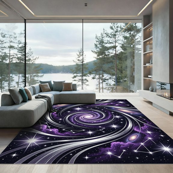 ODIKA 4'x6' Machine Washable Non-Slip Area Rug, Abstract Black High Traffic Rug, Purple, 1171816