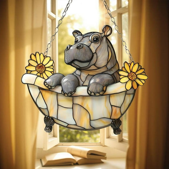 Whimsical Hippo Faux Stained Acrylic Suncatcher Acrylic Window Hanging with Sunflowers and Clawfoot Tub, Funny Animal Decor Gift