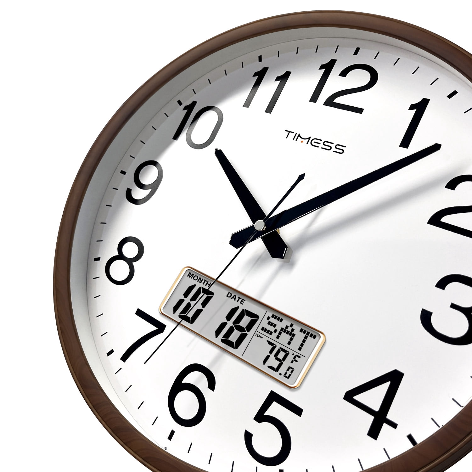 TIMESS 13" Digital Wall Clock with Brown Wood Grain Frame, Calendar and Temp Display, Silent Quartz