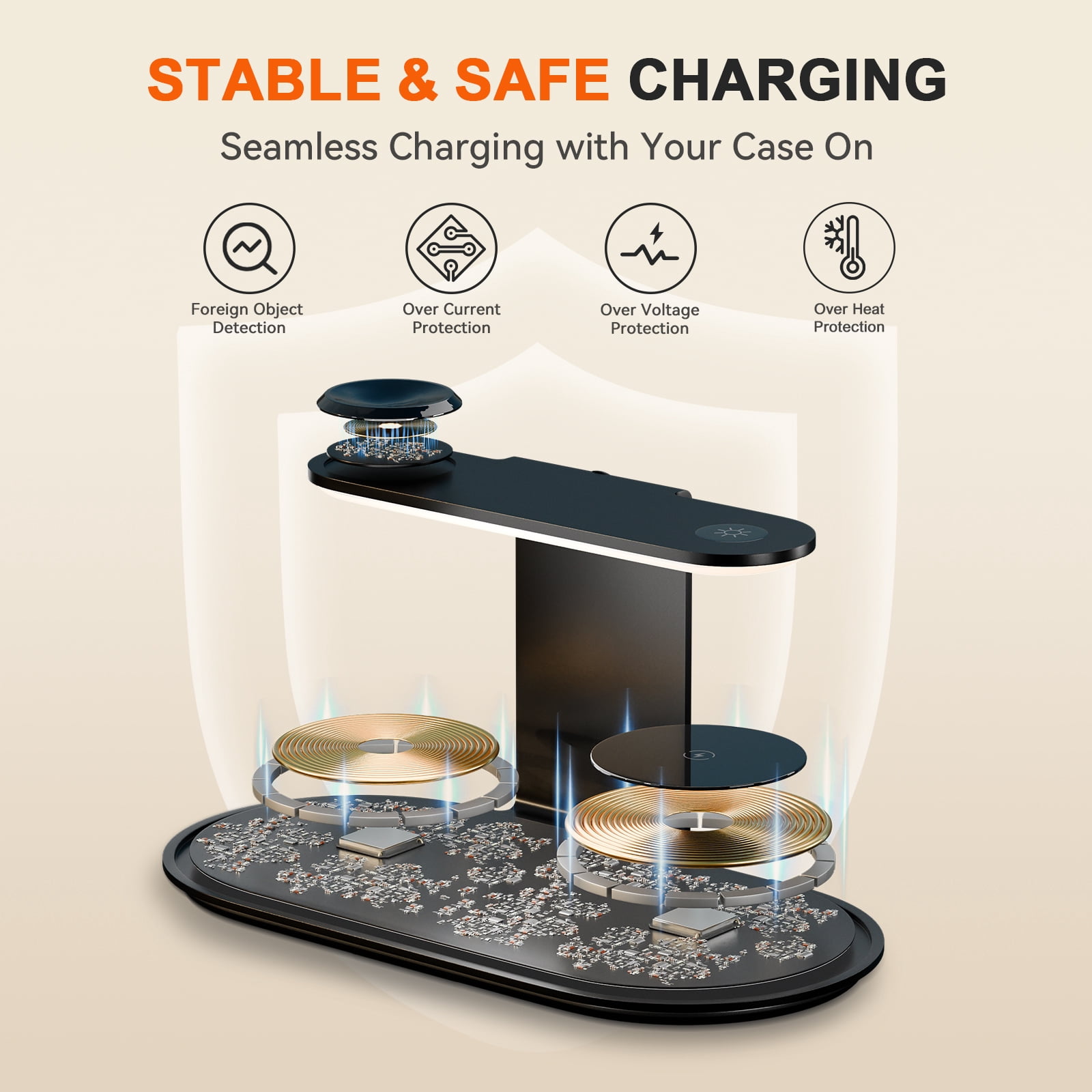 4 in 1 Charging Station,MagSafe Wireless Charger with Three Level soft Night Light,15W Wireless Charging for iPhone 12 and above series,for iWatch Series,for AirPods,USB-C Charger Included,Black