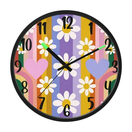 RMDQTR 12 Inch Sound-Activated LED Night Light Wall Clock Silent Sweep Movement Acrylic Face Battery-Operated for Bedroom/Living Room/School / Retro Colorful Rainbow and Daisy