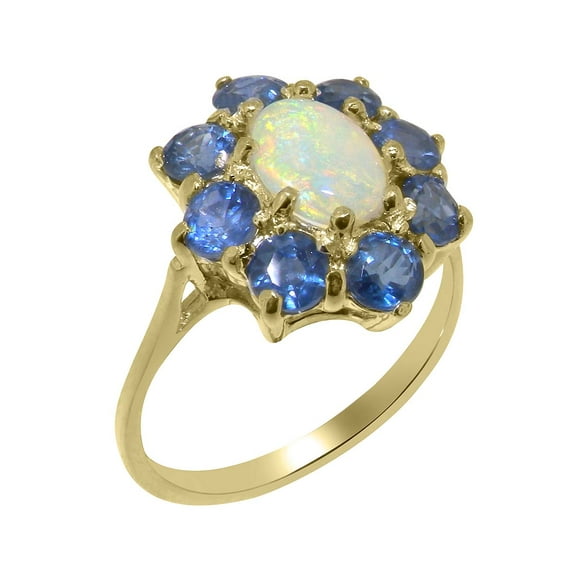 LBG British Made 9k Yellow Gold Natural Opal & Sapphire Womens Engagement Ring - 33 size options - Size 4.75