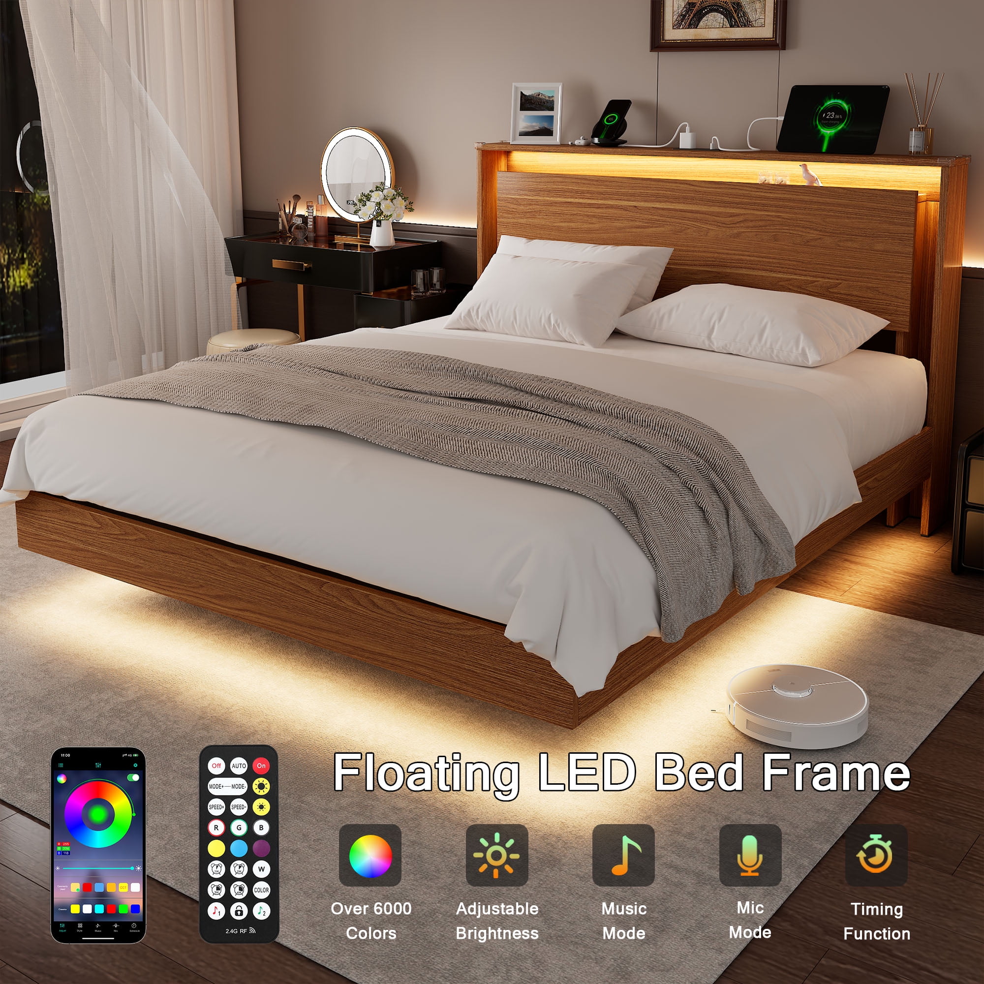 Einhomn Full Size Floating Bed Frame with  LED Lights & Charging Station,Wood Platform Bed Frame with Storage Headboard,Noise Free,No Box Spring Needed,Easy to Assemble-Walnut