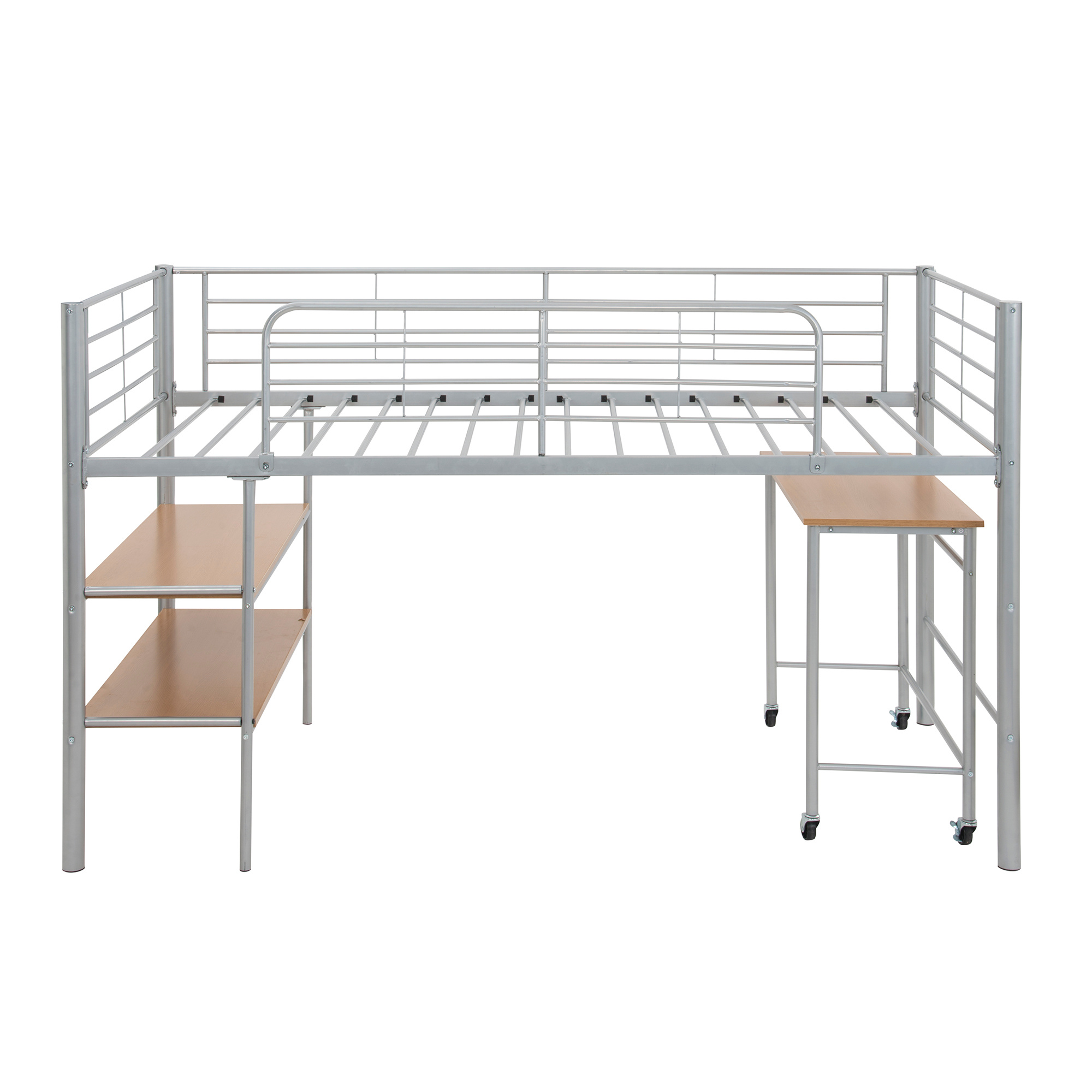 Metal Twin Size Bunk Bed with Movable Desk, Aukfa Kids Twin Size Low Loft Bed with Shelves and Guard Rail, Space Saving Loft Bed Frame, No Box Spring Needed, for Teens/Boys/Girls, Silver - image 3 of 8