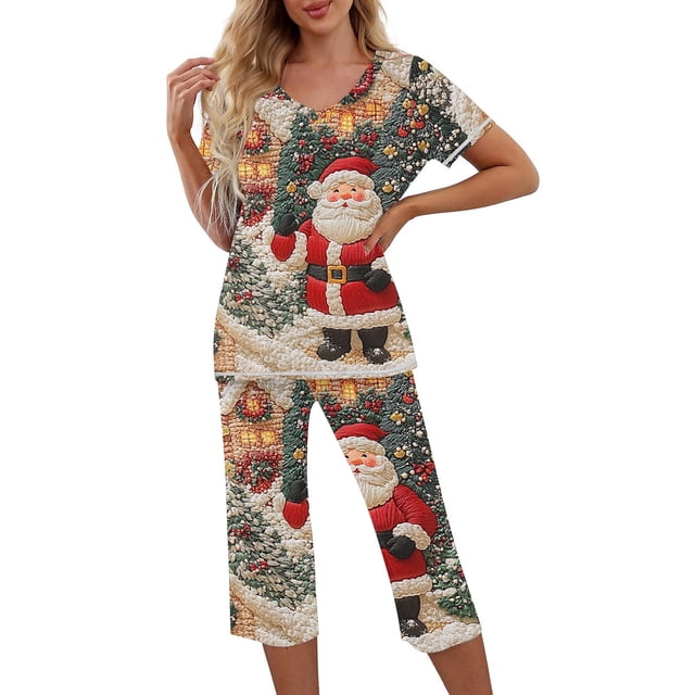 Puntoco Conjuntos de pijama cómodos para mujer, conjunto de pijama con top de manga corta con botones y cuello redondo con estampado navideño y pantalón con bolsillos y cintura elástica
