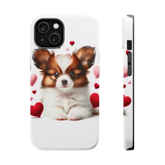 DistinctInk Tough Case for Apple iPhone 14 PLUS (6.7" Screen), Compatible with MagSafe Charging - Valentine's Day Papillon Puppy