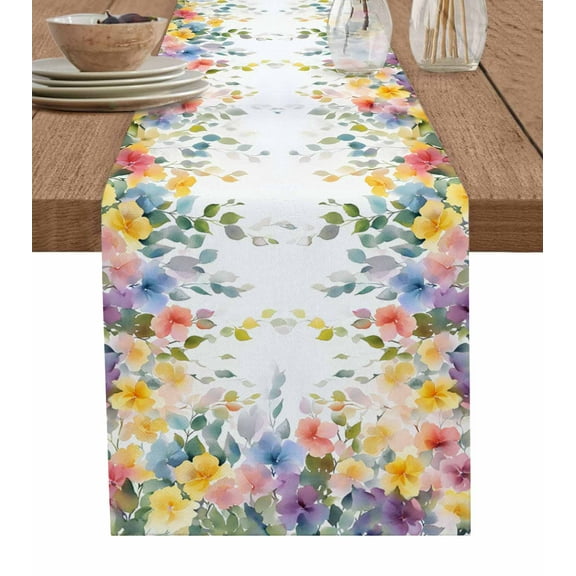Table Runner Dresser Scarf 13 x 72 Inch Classic Watercolor Pastoral Wildflowers Table Runners Non-Slip Heat Kitchen Dining Table Decor for Indoor Outdoor Home Party Decoration