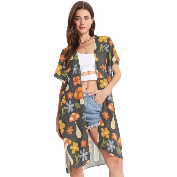 Beach Vacation Clothes Kimono Cardigan Loose Swimsuit Cover Up for Women Retro Groovy Flowers Mushrooms S