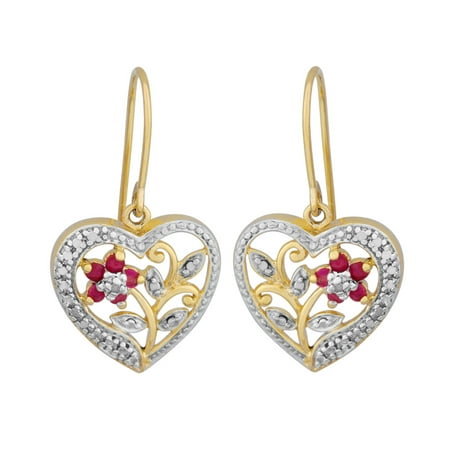 18k Yellow Gold Plated Sterling Silver Created Ruby and Diamond Accent Heart Earrings