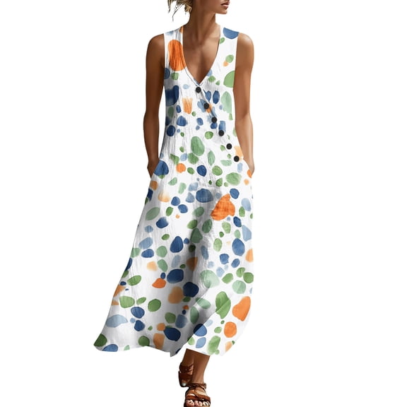 Dresses for Women Summer Casual Printed Dress Sleeveless Tank Dress Beach V-neck Sundress Dresses Long Dress