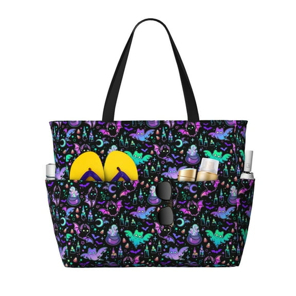 Large Beach Bags Water-resistant Sandproof - cartoon bat halloween Cute Beach Tote Bags for Women with Zipper