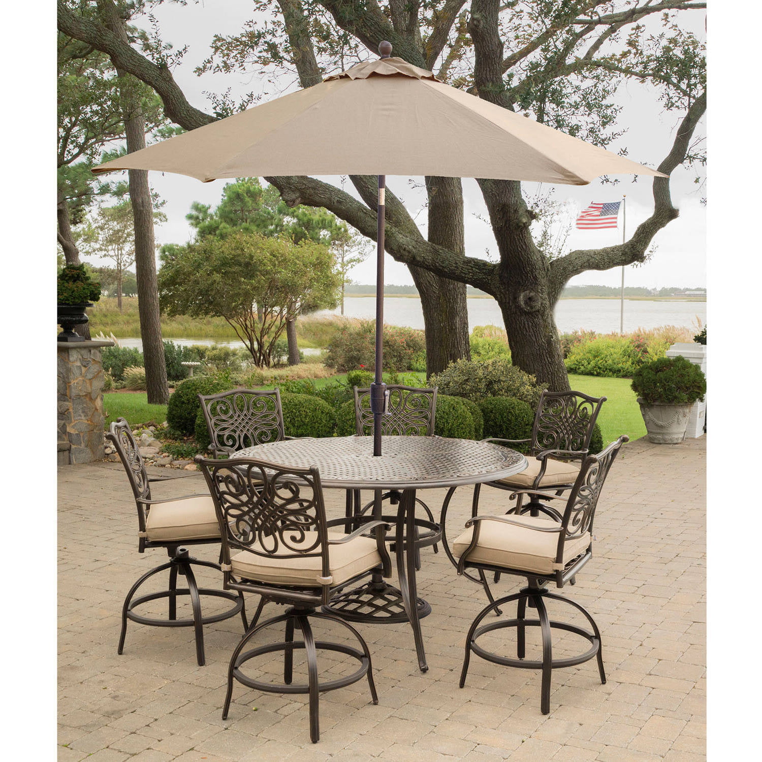 Hanover Outdoor Traditions 7 Piece Bar Set With Cast Top Table And
