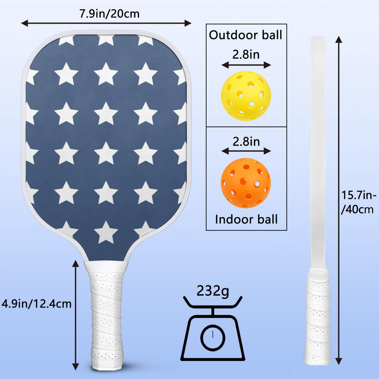 Pickleball Paddles Set Of 2, Fiberglass Surface, USA, Independence Day Print, 4 Balls & Bag