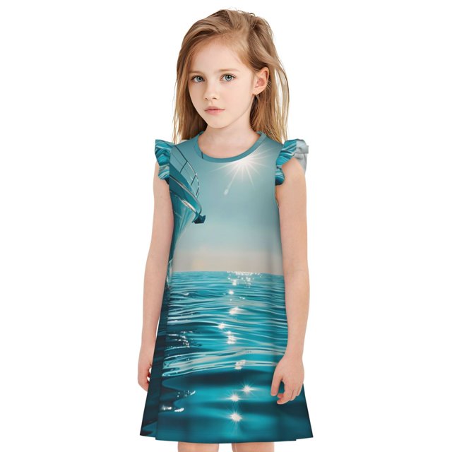 Balery Turquoise Ocean Reflection Camisón de princesa para niñas, pijama de algodón con mangas abullonadas, suave y bonito.-Large