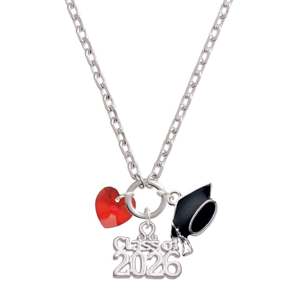 Delight Jewelry Red Crystal Heart - Silvertone Class of 2026 Graduation Zoey Charm Necklace, 28"