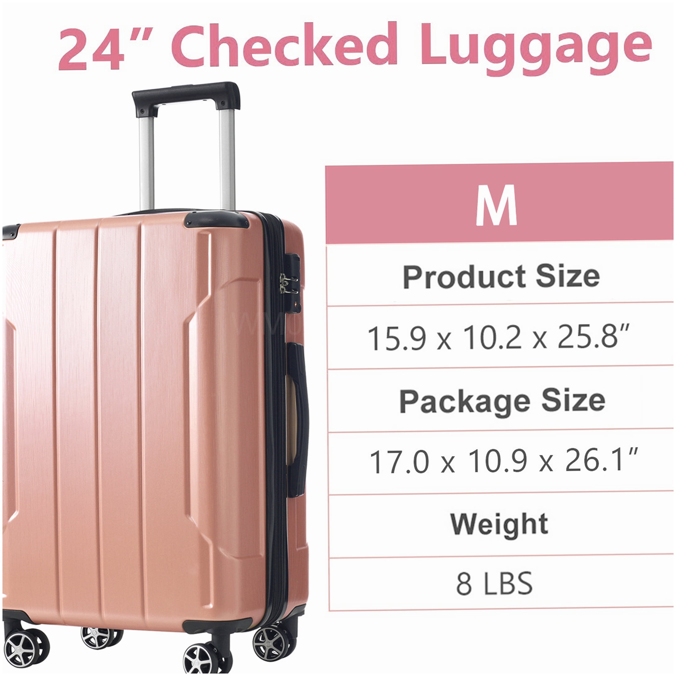 Rose Pink ABS Checked Luggage, 24 Inch Expandable Hardshell Suitcase with TSA Lock & Smooth Wheels