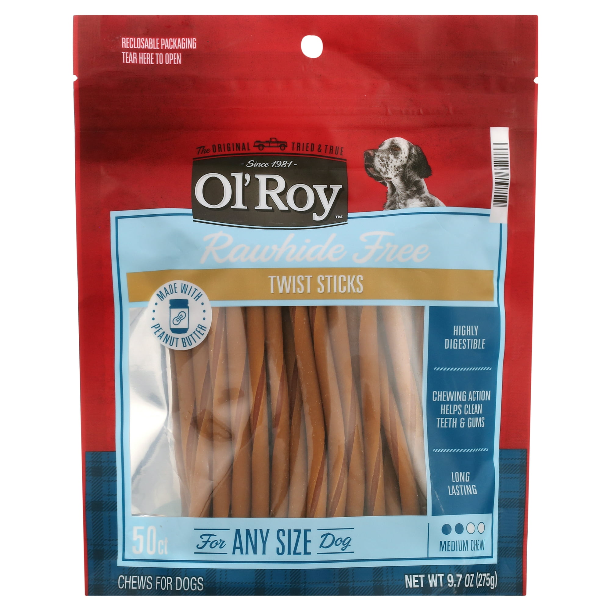 Ol' Roy Rawhide Free Peanut Butter Twist Sticks for Dogs, 9.7 oz. Bag, 50 Treats