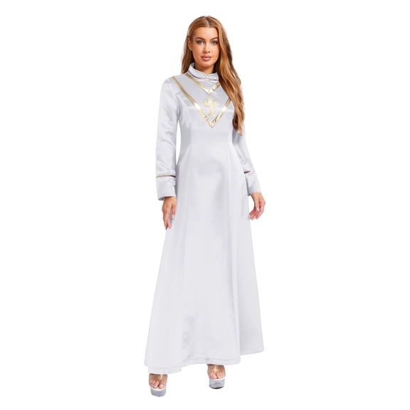 Choomomo Women Minister Preacher Church Clergy Robe Long Sleeve Cross Metallic Shiny Tunic Dress for Performance White XXL