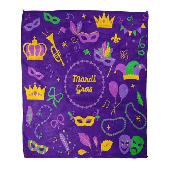 KDAGR Flannel Throw Blanket Mardi Gras Carnival Mask Trumpet Crown Ribbon Feathers Confetti Soft for Bed Sofa and Couch 58x80 Inches