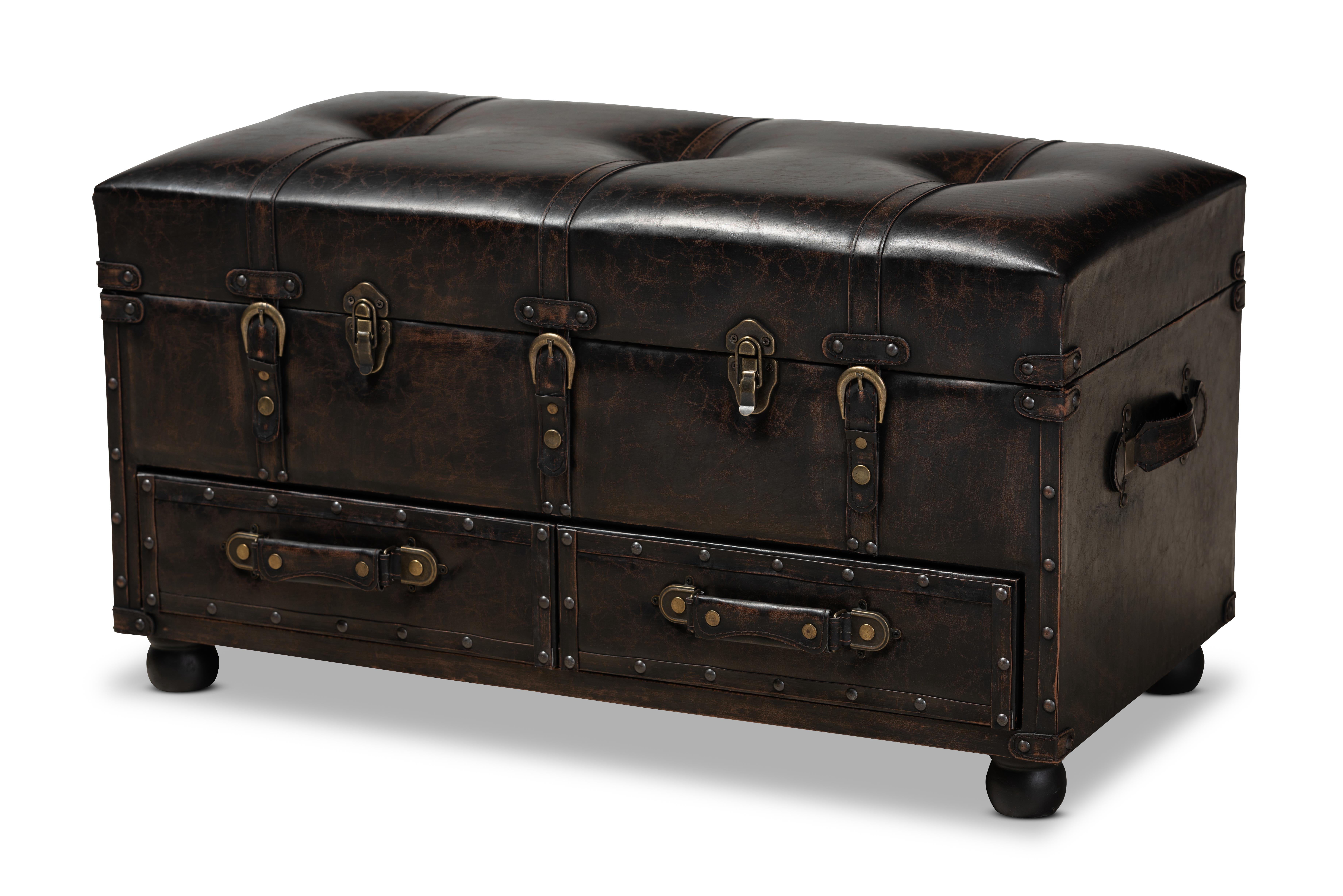 Baxton Studio Callum Modern Transitional Distressed Dark Brown Faux Leather Upholstered 2-Drawer Storage Trunk Ottoman