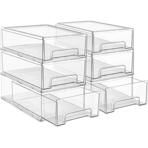 6-Pack Medium Clear Stackable Plastic Storage Drawers with Handles, Pull-Out Organizer Bins for Closet, Pantry, Office, and Craft Supplies