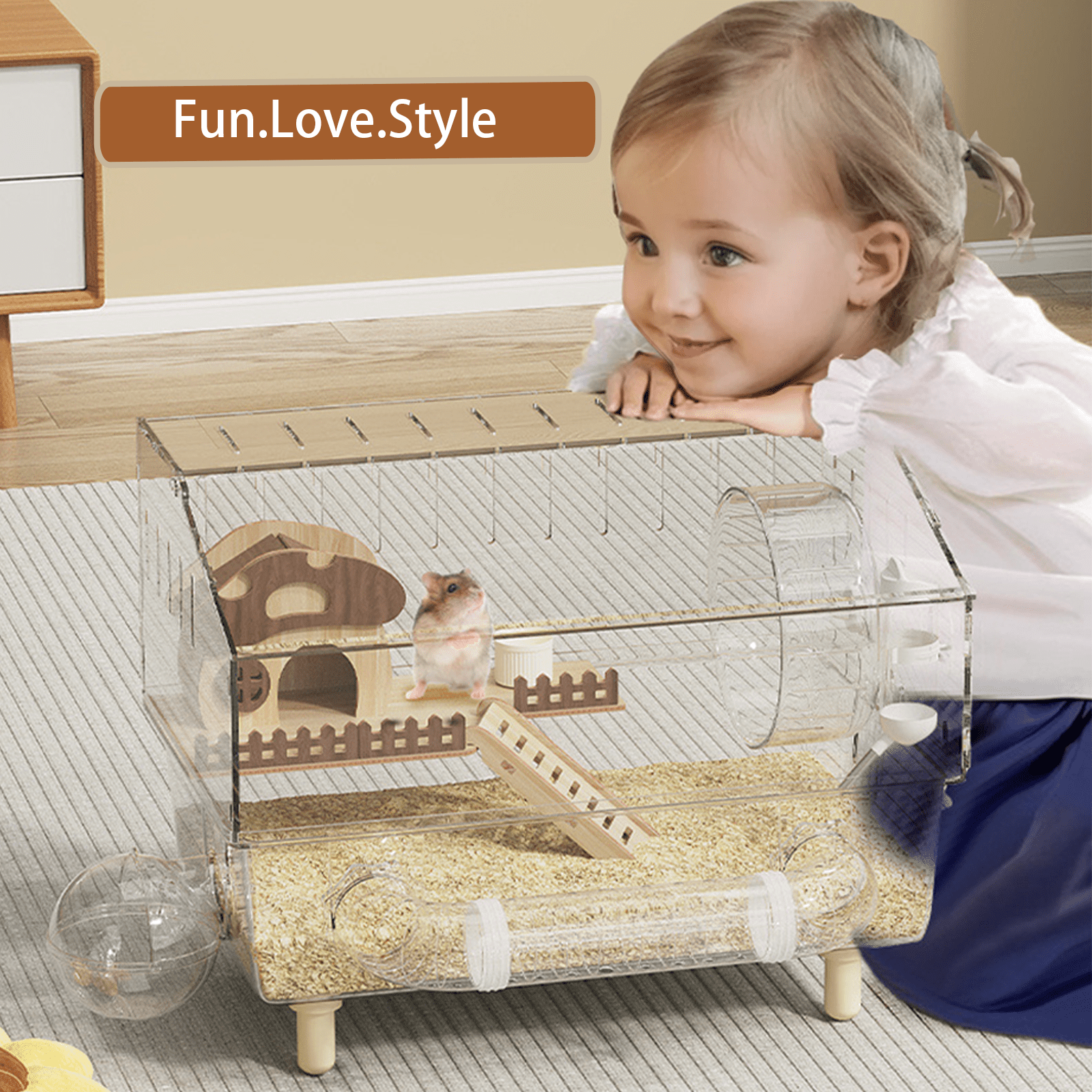 9 in 1 Acrylic Hamster Cage with all accessories and an activity tube,2-layer Hamster House,transparent viewing,top open Mouse Cage for pet mice,Hamster Habitat for Dwarf Hamster,Gerbils;18"x11"x13.4