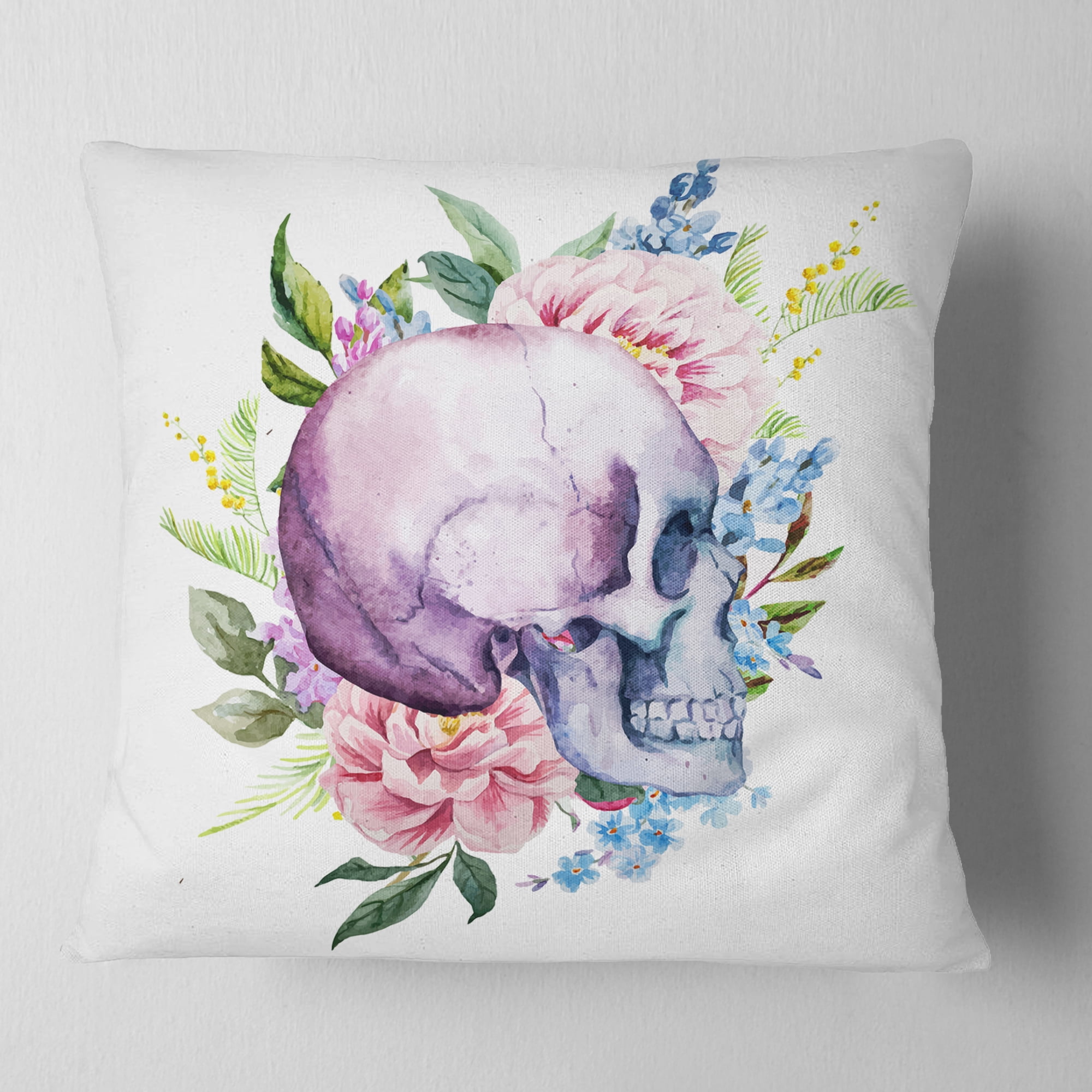 Designart Skull with Flower Borders - Floral Throw Pillow - 18x18