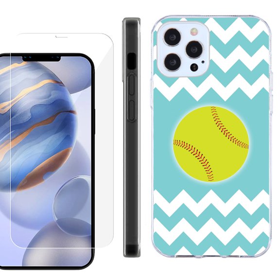 Slim Fit Protective Phone Case for Apple iPhone 12 / iPhone 12 Pro, with Tempered Glass Screen Protector, by OneToughShield ® - Chevron/Teal/Softball