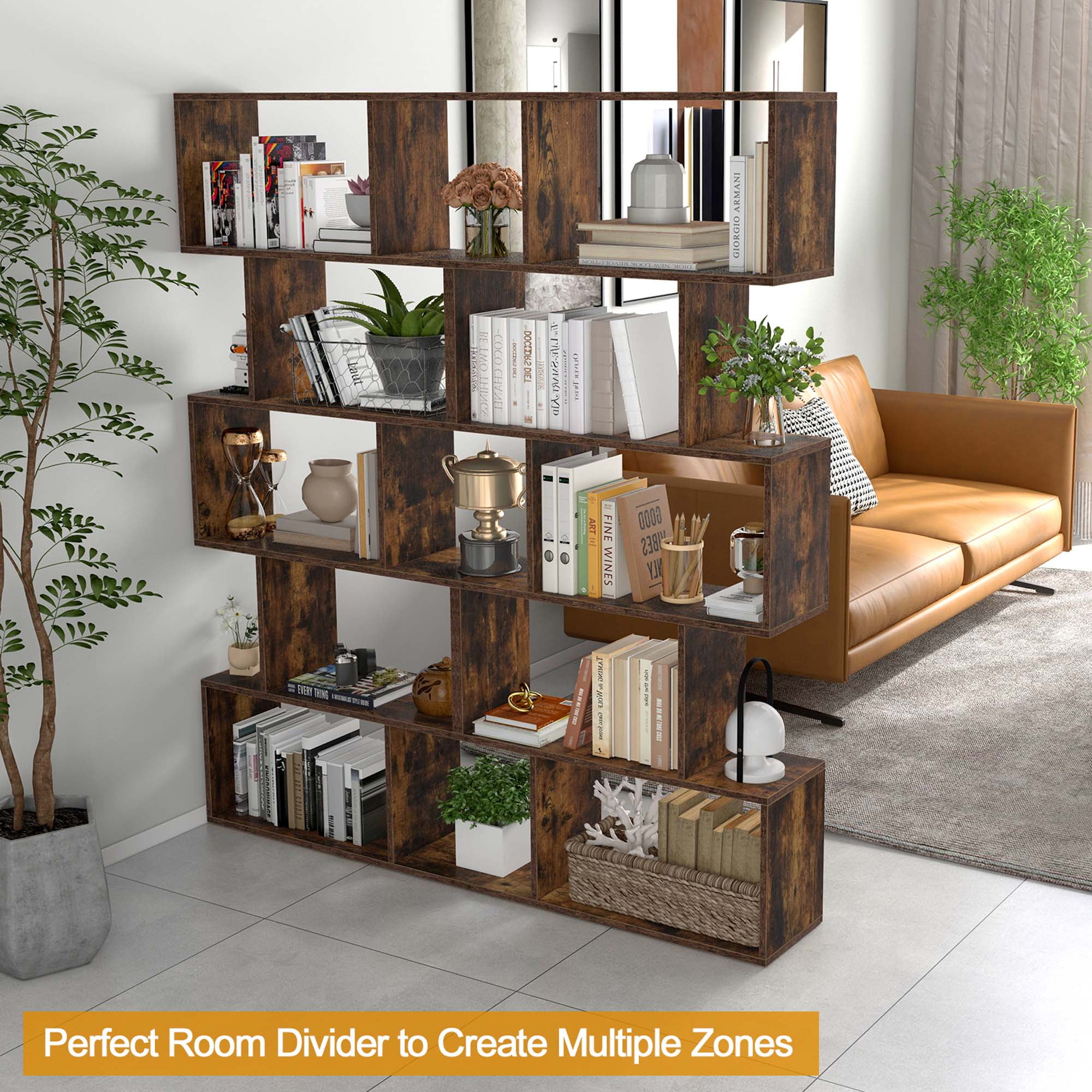 Costway 1 PC 5-Tier Bookshelf Geometric S-Shaped Bookcase Room Divider Storage Display Shelf Brown