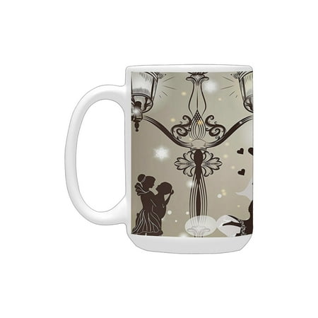 

Romantic Kissing Couples on Street with Lanterns Violin Music Notes Love Theme Graphic Dust Dark Tau Ceramic Mug (15 OZ) (Made In USA)