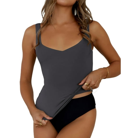 Womens U-Neck Tank Tops for Women 2025 Slim Fitted Soft Basic Shirts Grey L