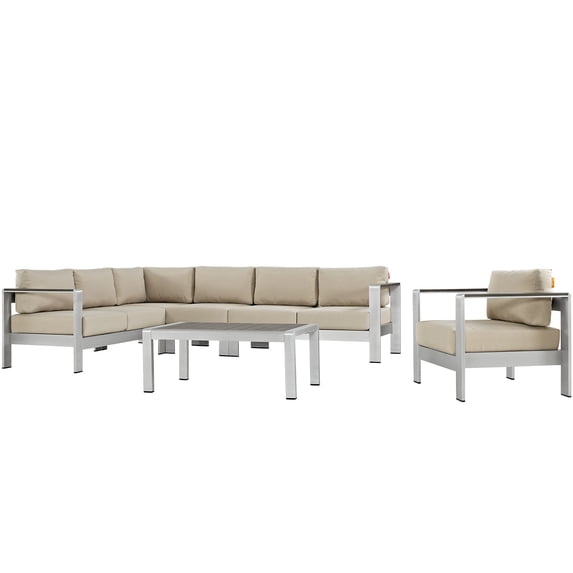 Modern Contemporary Urban Design Outdoor Patio Balcony Six PCS Sectional Sofa Set, Beige, Aluminum