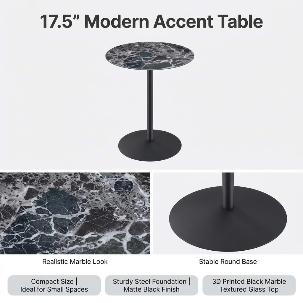 MAYEERTY 17.5 Inch Small Round Tulip Side Table, Marble Textured Glass Top, Sturdy Steel Base for Living Room & Bedroom