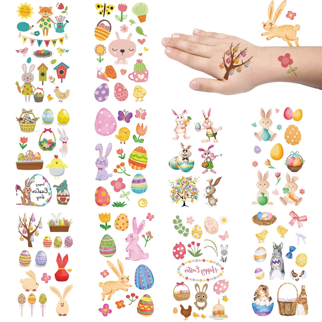 Zhanmai 48 Sheets Easter Tattoo Stickers Bunny Egg Temporary Tattoos Easter Cartoon Stickers for Easter Theme Party Supplies 