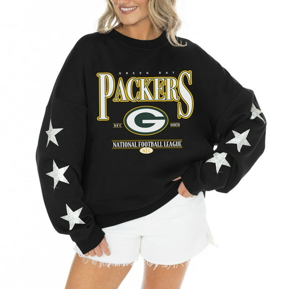 Women's Gameday Couture Black Green Bay Packers Rhinestone Star Sleeve Settle the Score Oversized Tri-Blend Pullover