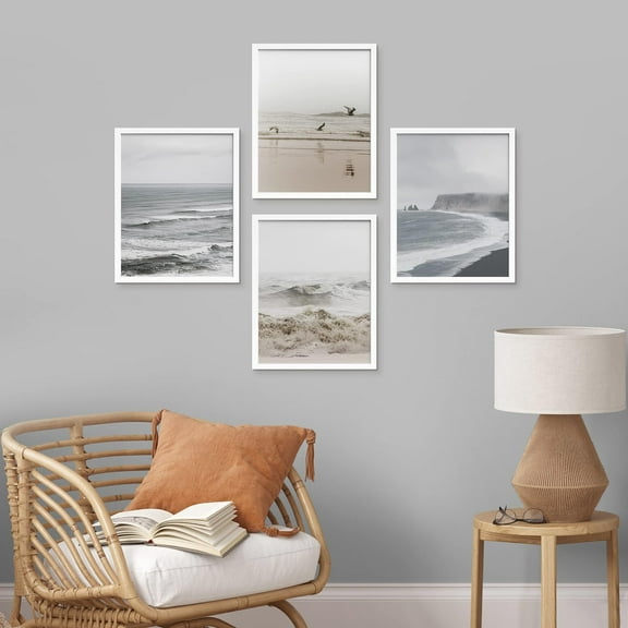 PixonSign Framed Wall Art, White Minimal Ocean Beach Seashore Coastals Posters, Set of 4 Sea Wave Landscape Prints Wall Decor, Nature Seaside Wall Décor for Living Room, Bedroom - 8"x10" White
