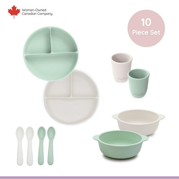 Melii Ensemble de repas en silicone pour tout-petit, 8 pièces (2 bols à ventouse, 2 assiettes, 2 tasses, 4 ustensiles), multicolore