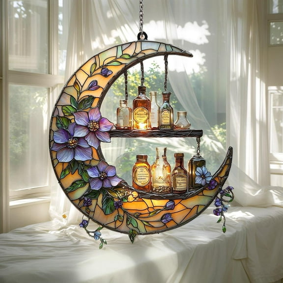 Moon and Flower Wavy Acrylic Suncatcher, Apothecary Faux Wavy Acrylic, Vintage Window Hanging