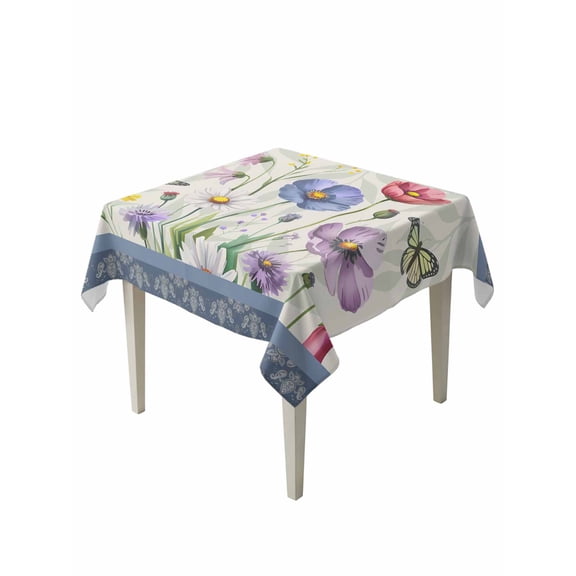 Blue Wildflowers Table Cloth, Waterproof Tablecloth for Square Tables, Farmhouse Country Spring Butterfly Floral Reusable Washable Fabric Table Cover for Restaurant Kitchen Dining Tables 54"x54"