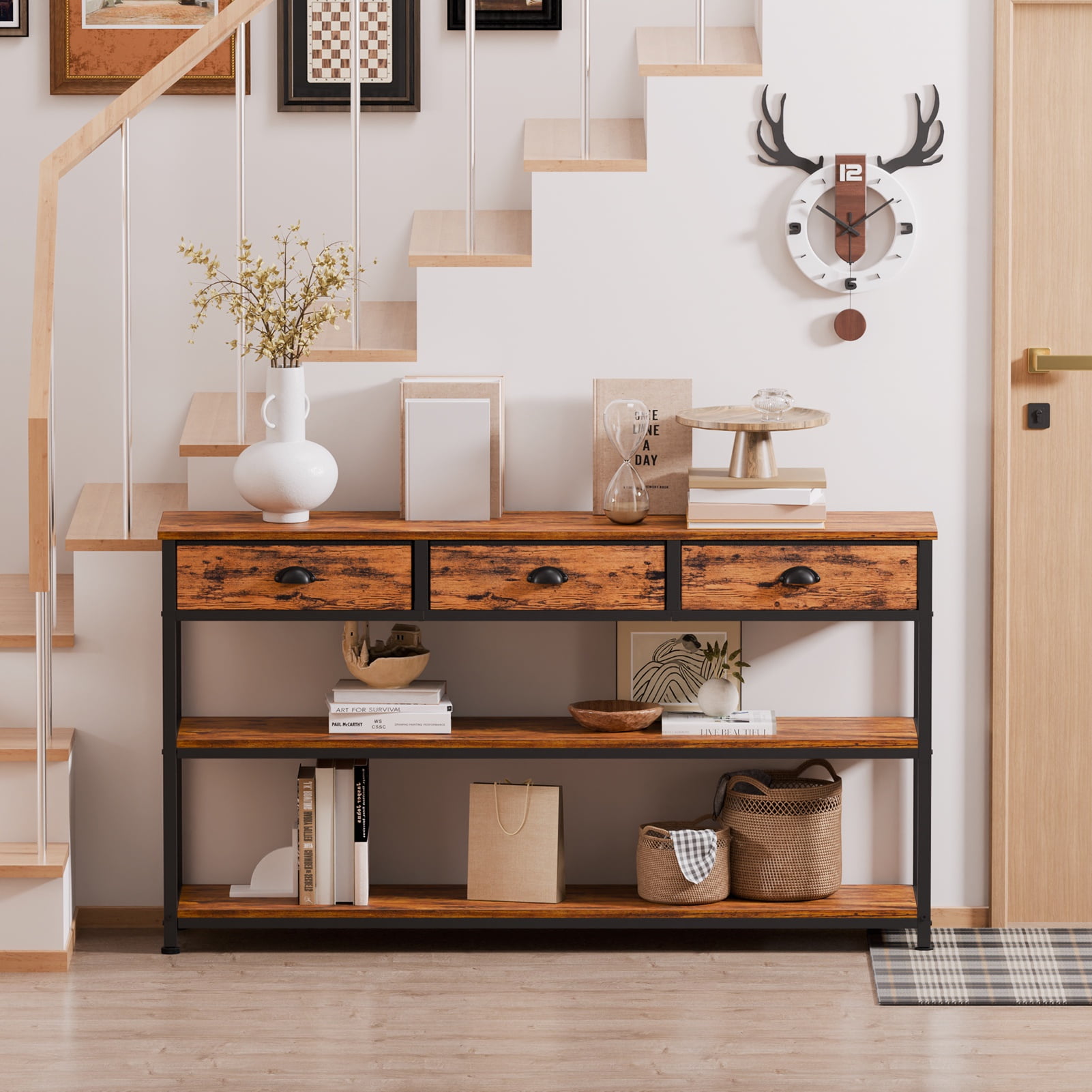 Satifur 47" Entryway Table with 3 Fabric Drawers, Console Table Metal Frame Sofa Table with 2 Shelves for Living Room and Hallway,Brown