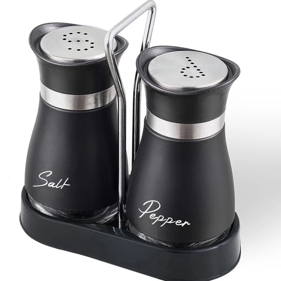 Salt And Pepper Shakers Set,Stainless Steel Salt Container with Base Holder,2 Pcs Salt Shaker Salero for Kitchen Gadgets Cooking Table,Bbq,Bar,Rv,Camp (Black)