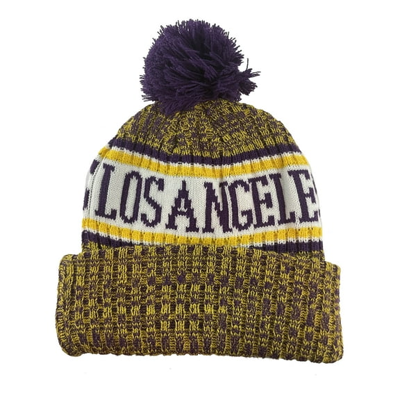 Top Headwear Los Angeles Winter Striped Beanie w/ Pom - Gold/Purple