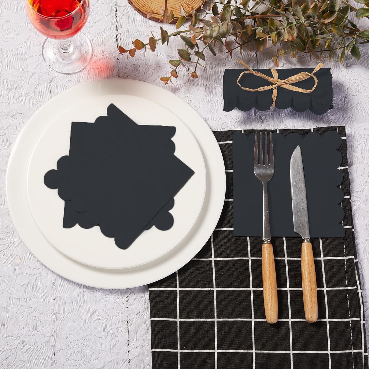 200 Pack Cocktail Napkin 2-Ply Scalloped Edged Dessert Napkins Folded 5 x 5 Inches Disposable Napkins for Dinner Wedding Birthday Party Bridal Anniversary Reception Event (Black)
